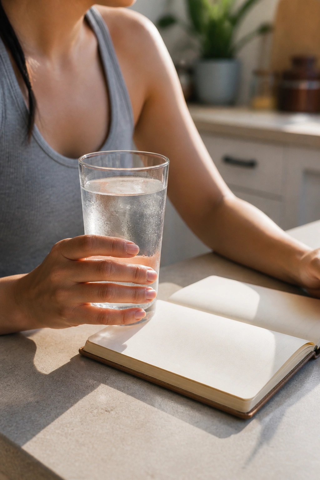 Close-up of glass of water with notebook suggesting hydration tracking