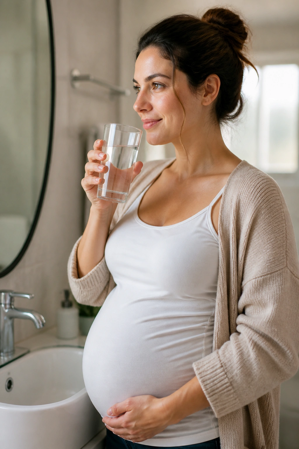 Pregnant woman drinking water by a bathroom sink to stay hydrated