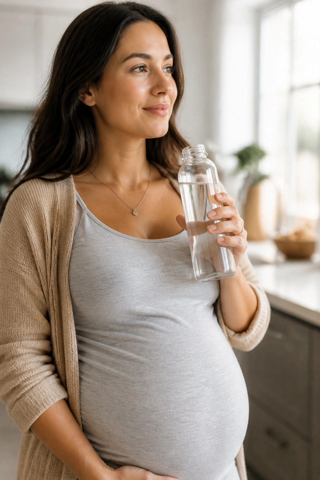 Pregnant woman holding water bottle to stay hydrated