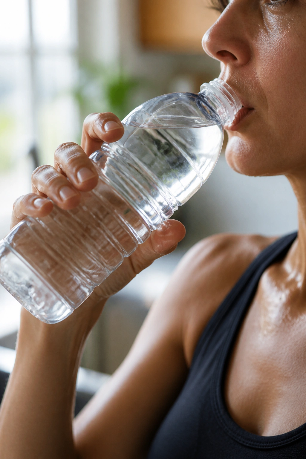 Close-up of a real person drinking water from a bottle in a kitchen to illustrate hydration tracking