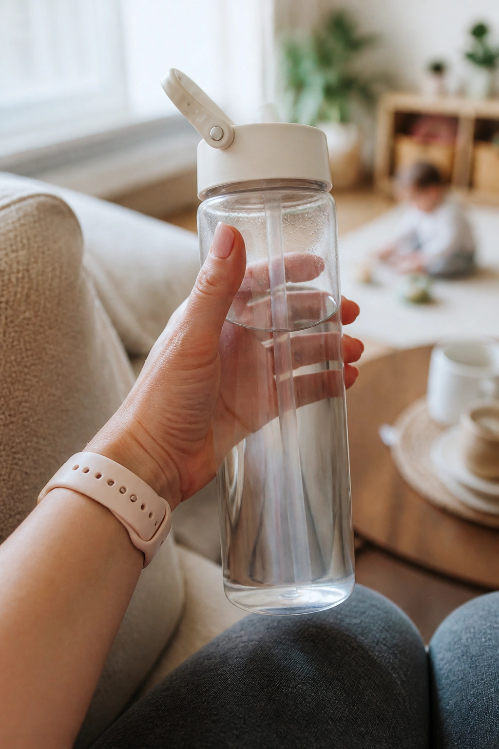 Close-up of hand holding water bottle to illustrate hydration habit