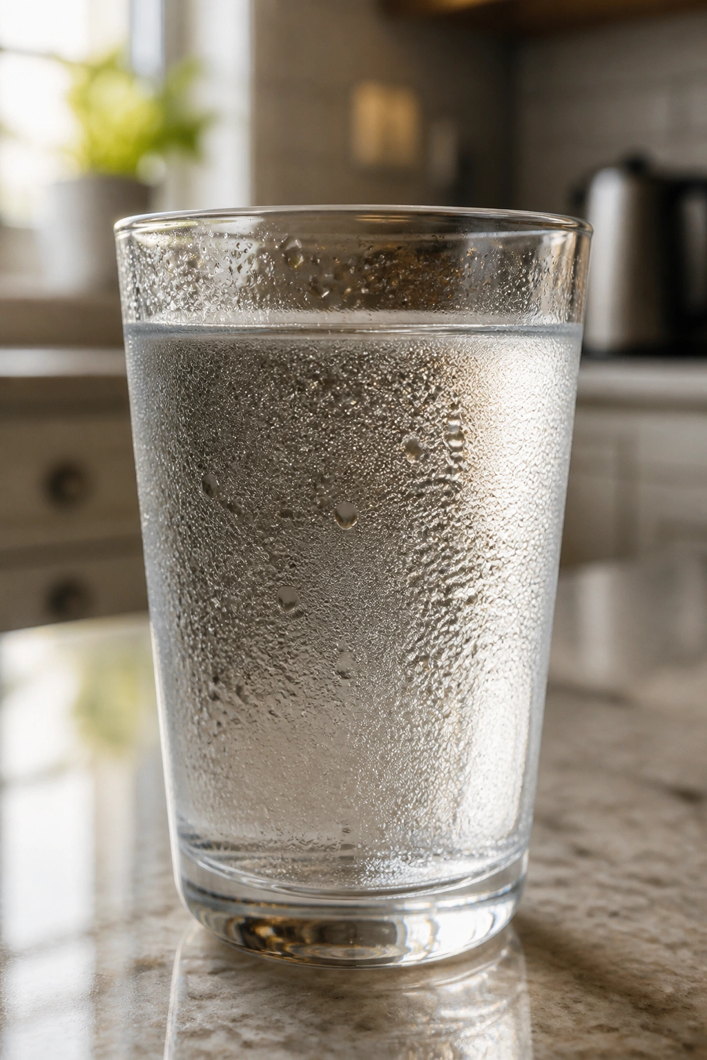 Clear glass of water on a kitchen counter showing condensation