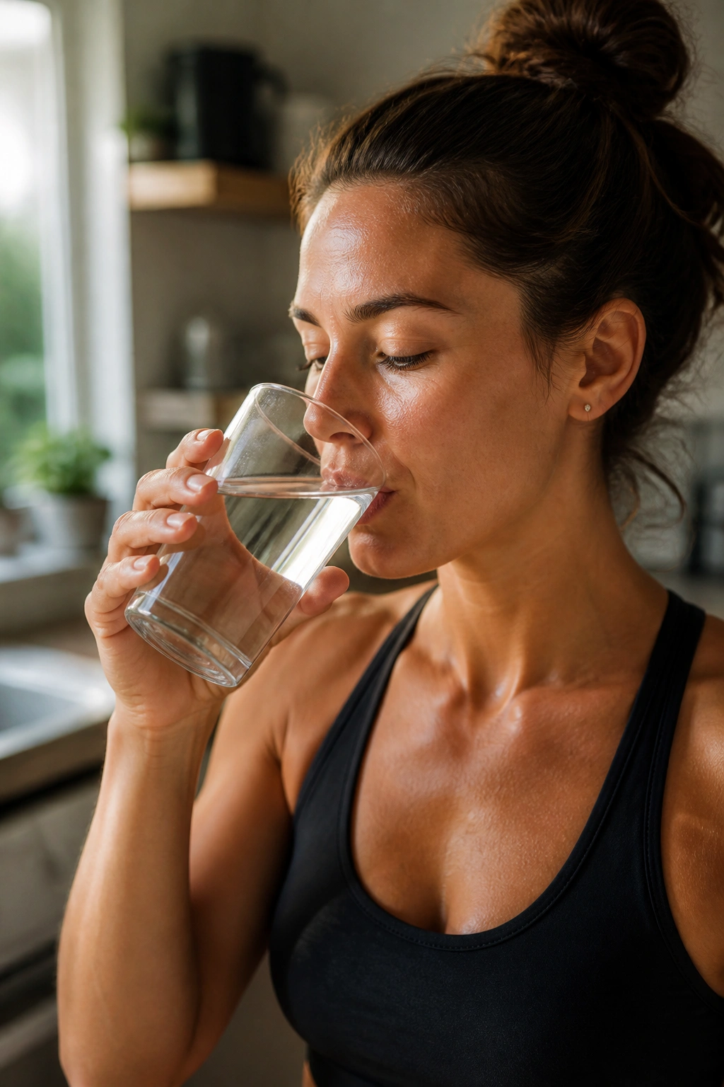 Close-up of a person drinking water in a sunlit kitchen