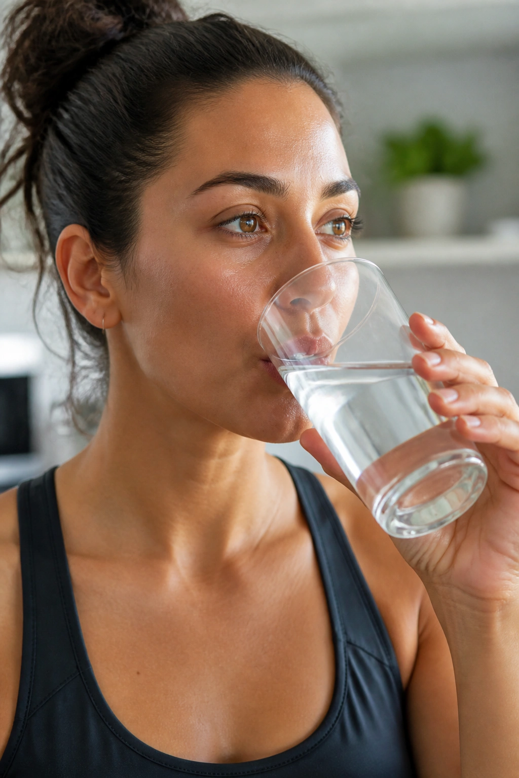 Portrait of a person drinking water in a bright kitchen for no sugary drinks challenge