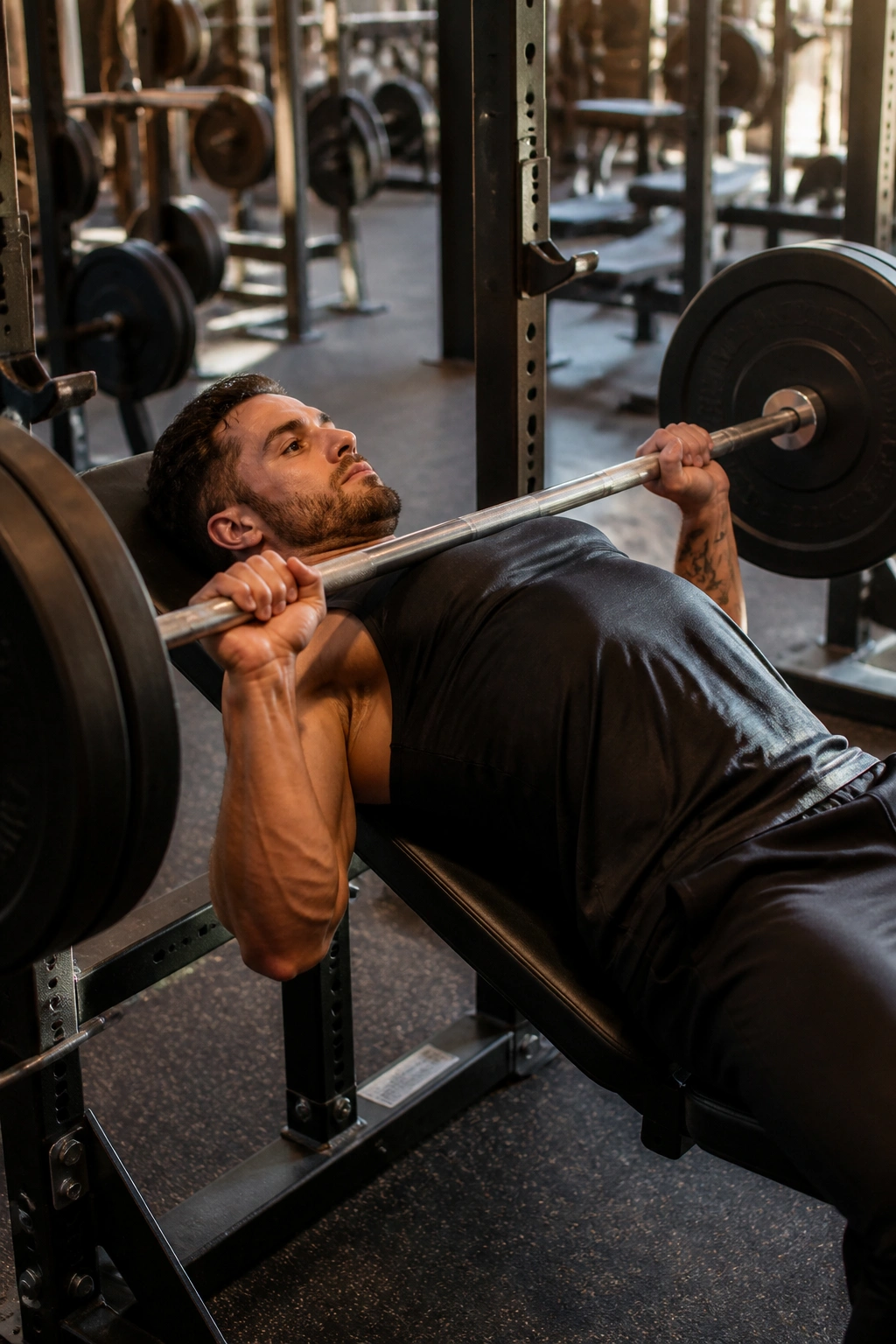 Person bench pressing in gym for muscle hypertrophy