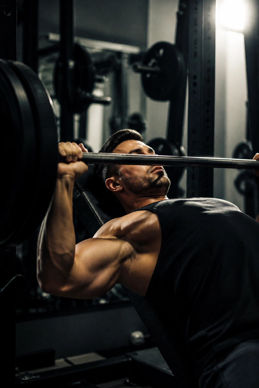 Real person performing barbell bench press in gym for hypertrophy