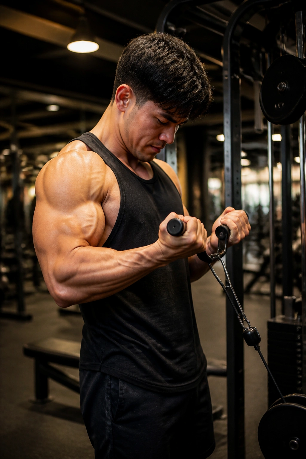 Lifter performing high-rep cable curls showing bicep pump.
