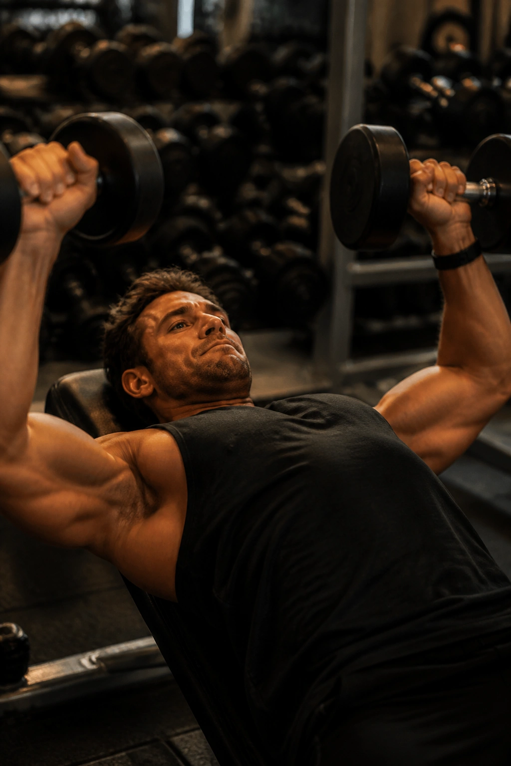 Close-up of a lifter performing a dumbbell bench press in a gym