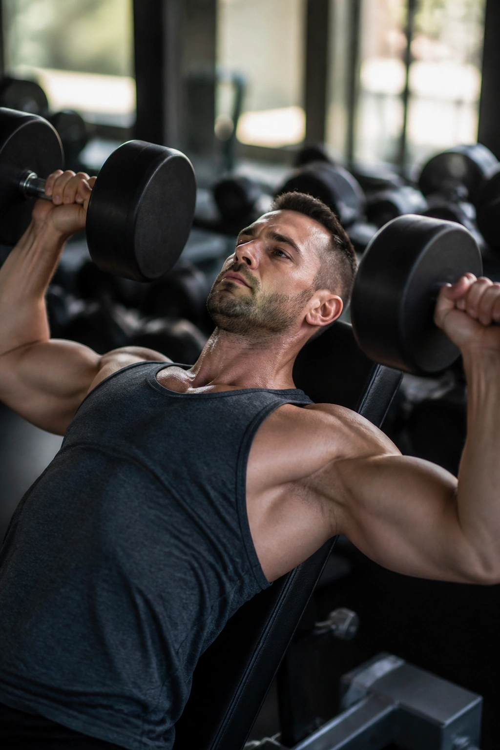 Real person performing incline dumbbell bench press for hypertrophy