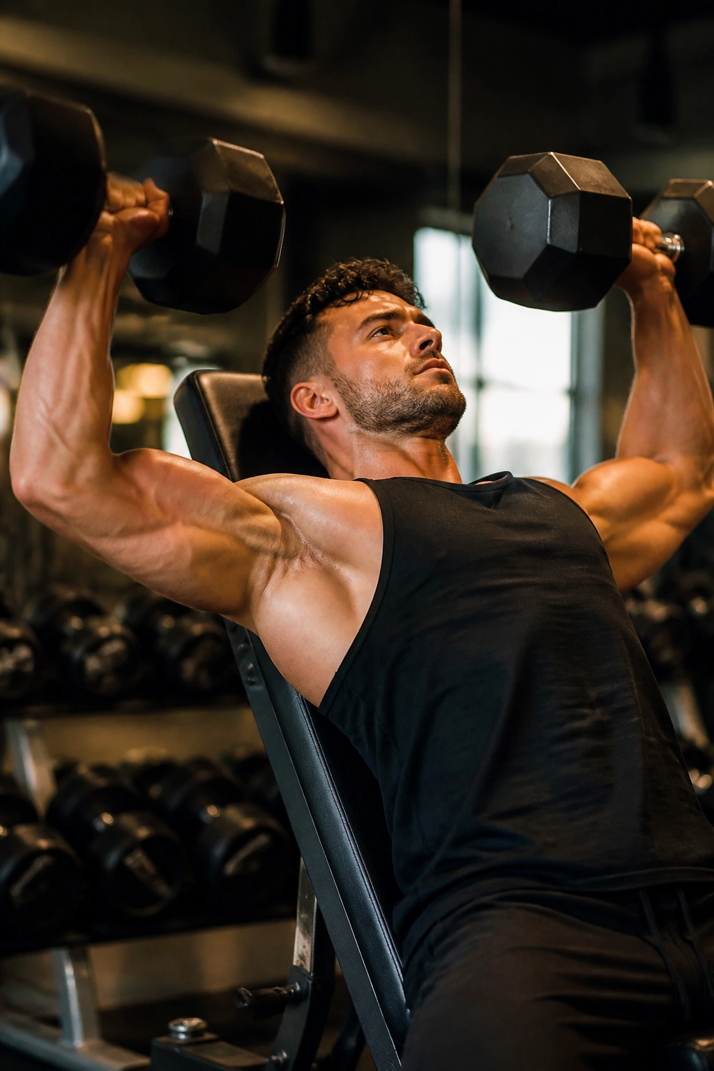 Lifters performing incline dumbbell press for upper body hypertrophy