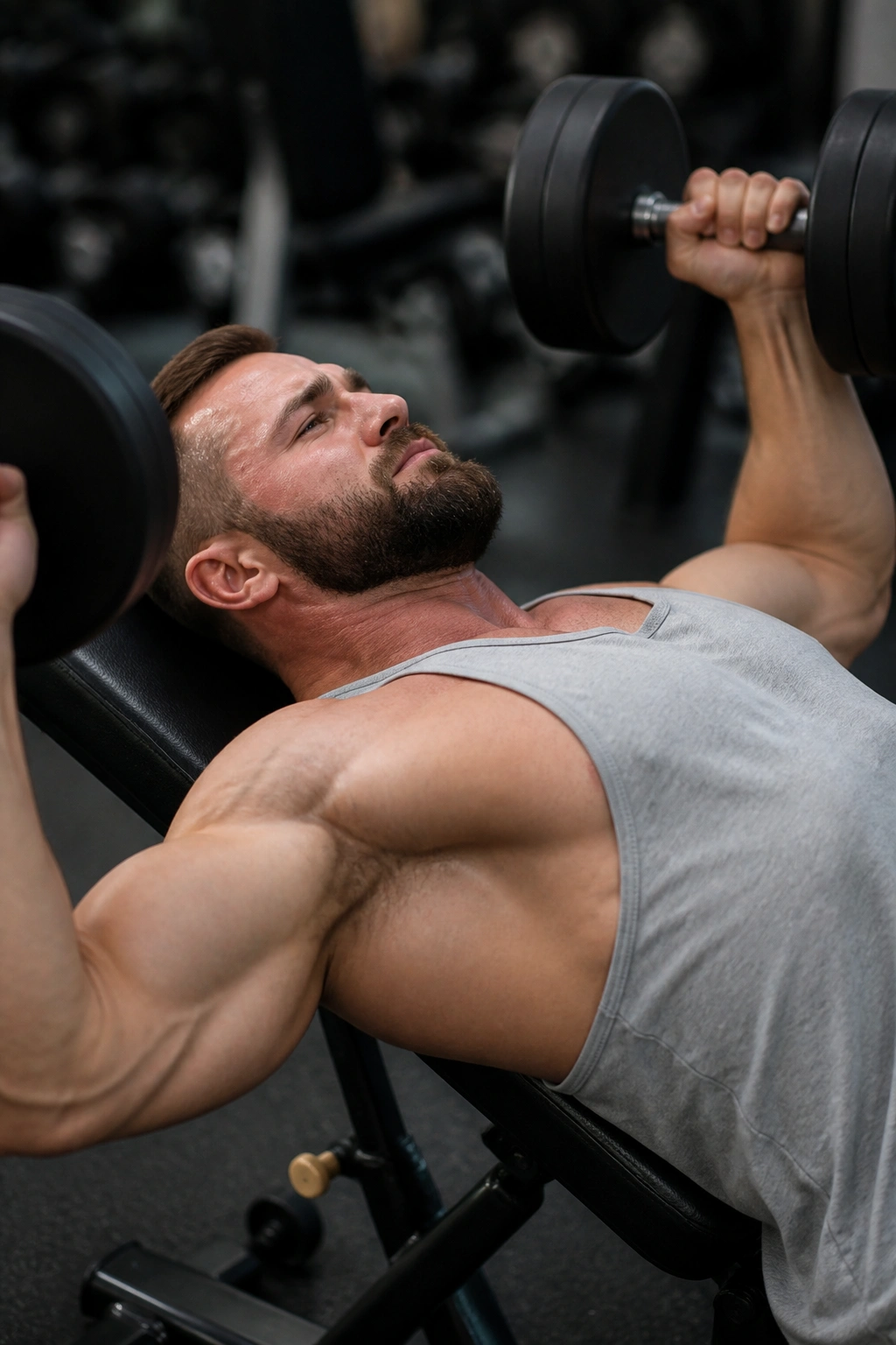 Close-up of lifter performing a dumbbell bench press for hypertrophy
