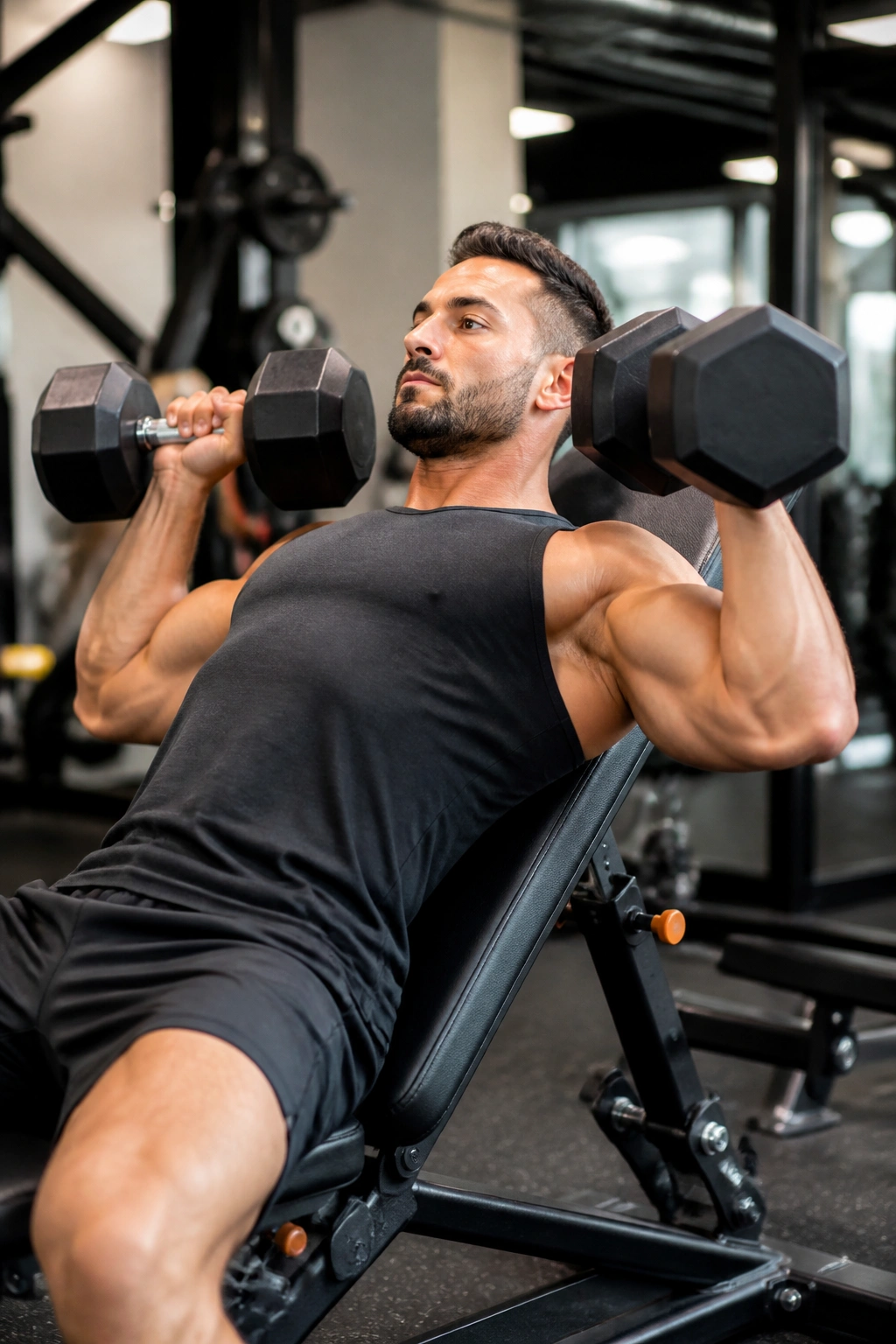 Medium close-up of a person performing incline dumbbell bench press in gym