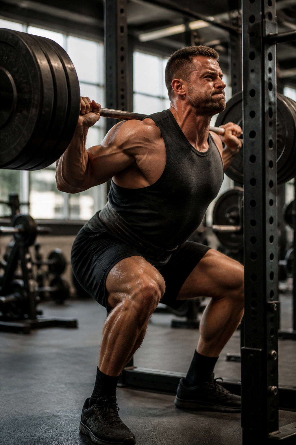 Athlete performing heavy barbell squat in gym during hypertrophy rotation