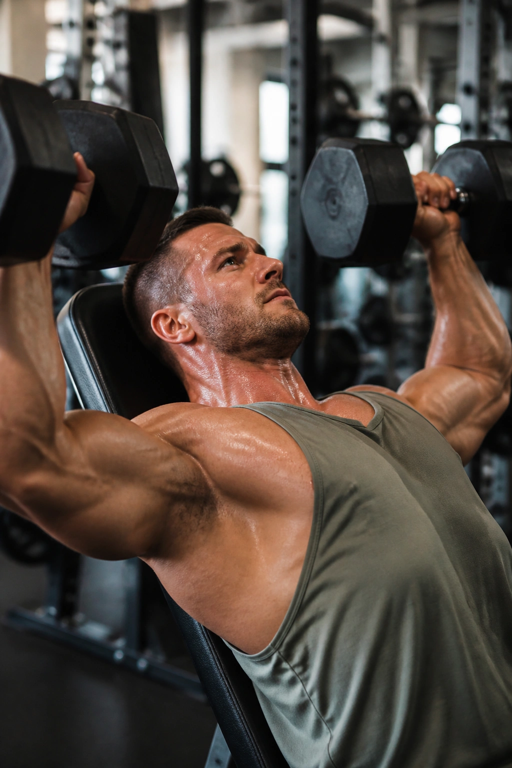 Torso shot of a lifter pressing dumbbells to emphasize chest muscle in a gym.