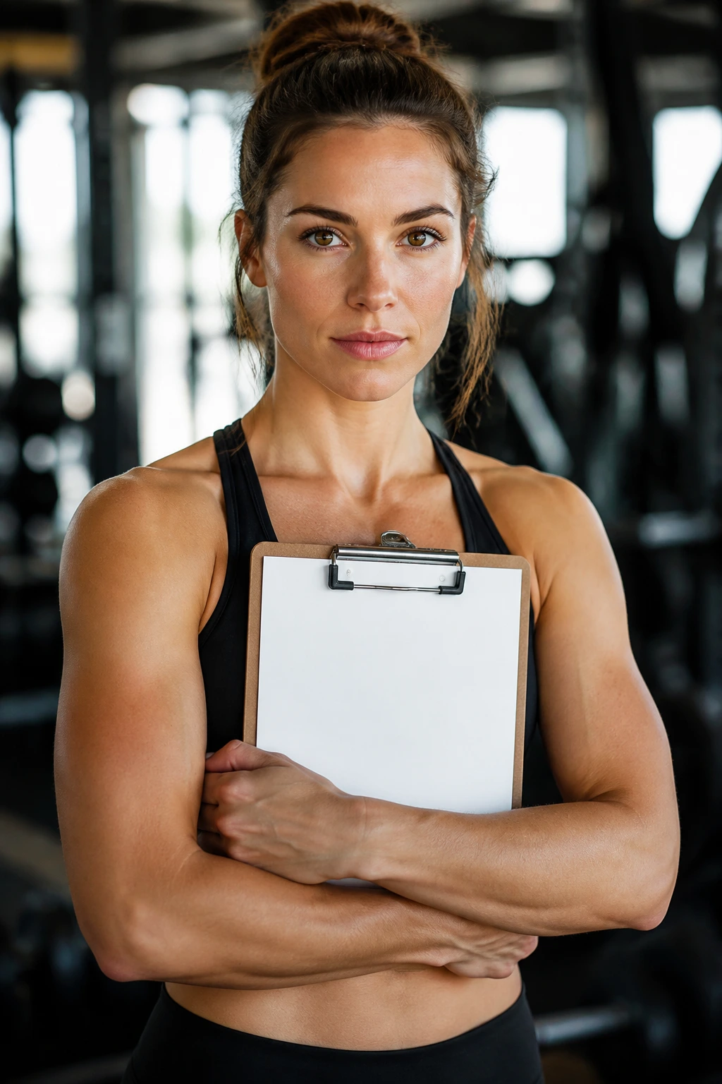 Person planning a hypertrophy and strength program with a blank clipboard in a gym