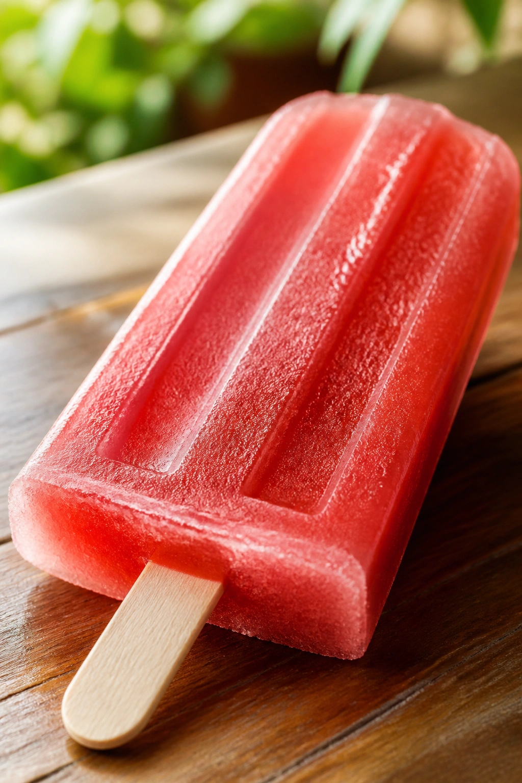 Close-up of a single ice pop on a wooden table with soft lighting