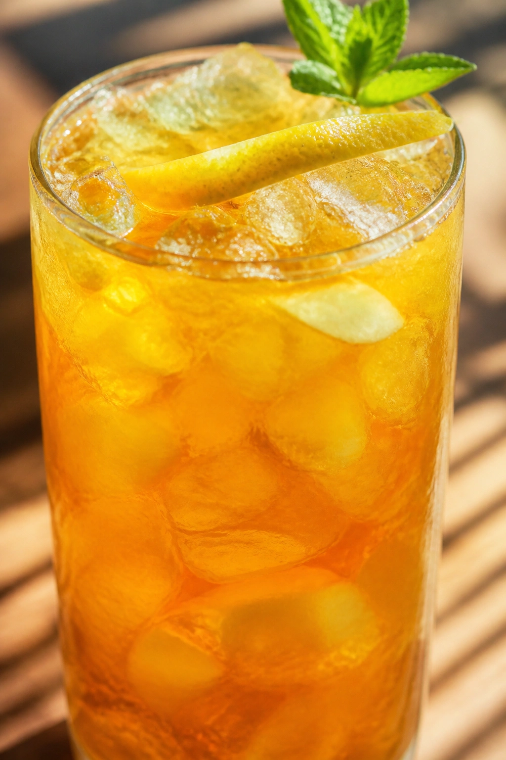 Tall glass of iced tea with crushed ice and lemon zest on a wooden table