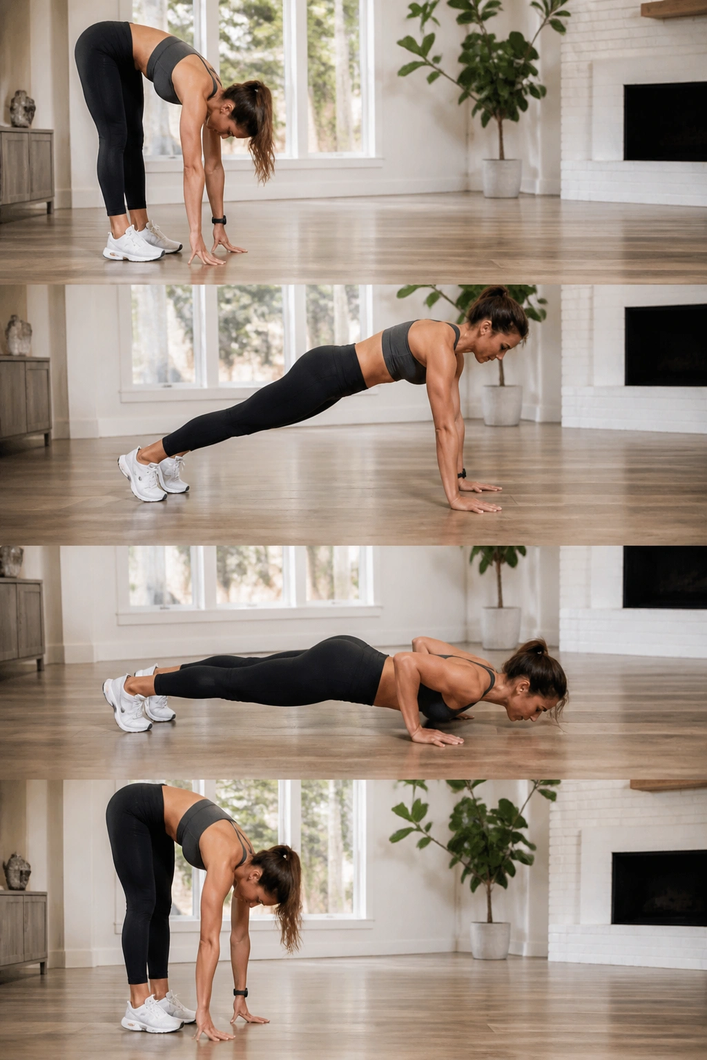 Real person in inchworm exercise in living room, walking out to plank and back.