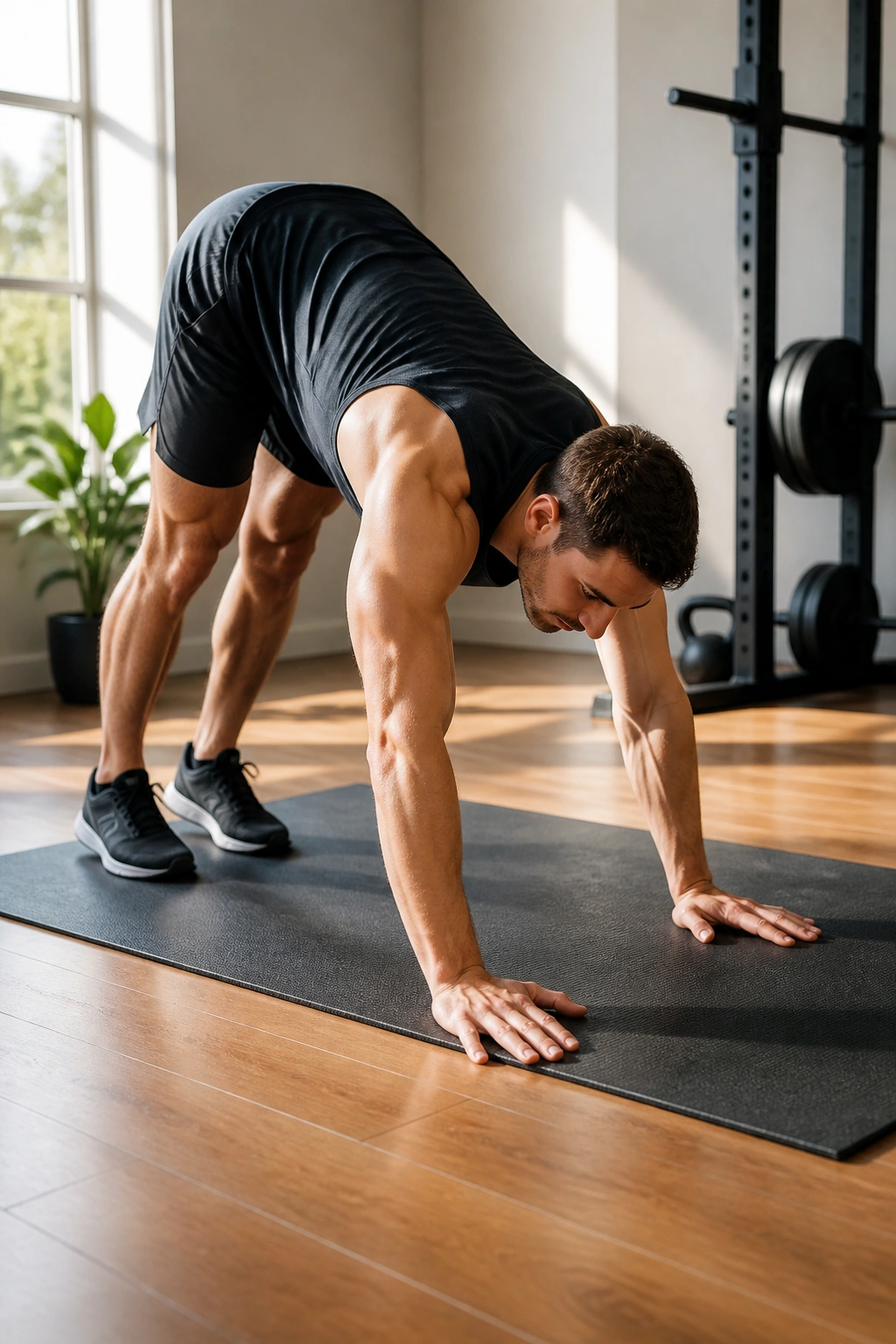 Real person performing an inchworm on a workout mat in a sunlit home gym