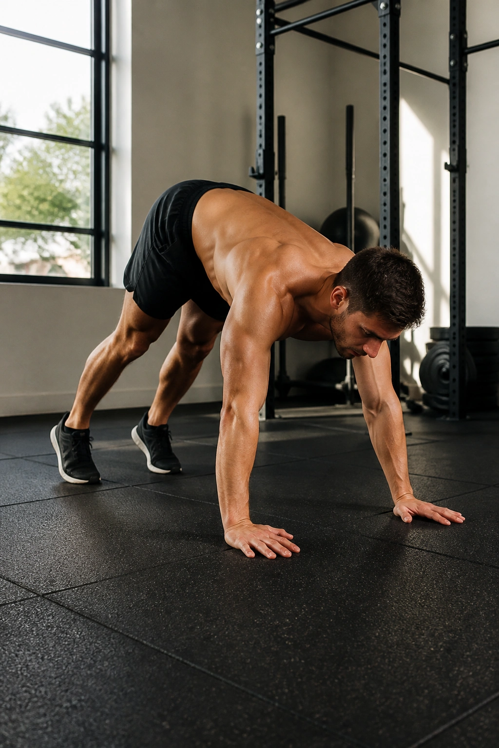Mid-inchworm position during plank-to-push-up exercise in gym