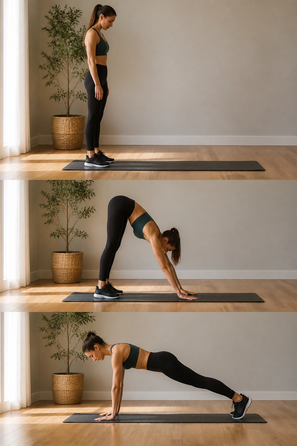 Person performing inchworm walkouts from standing to plank.