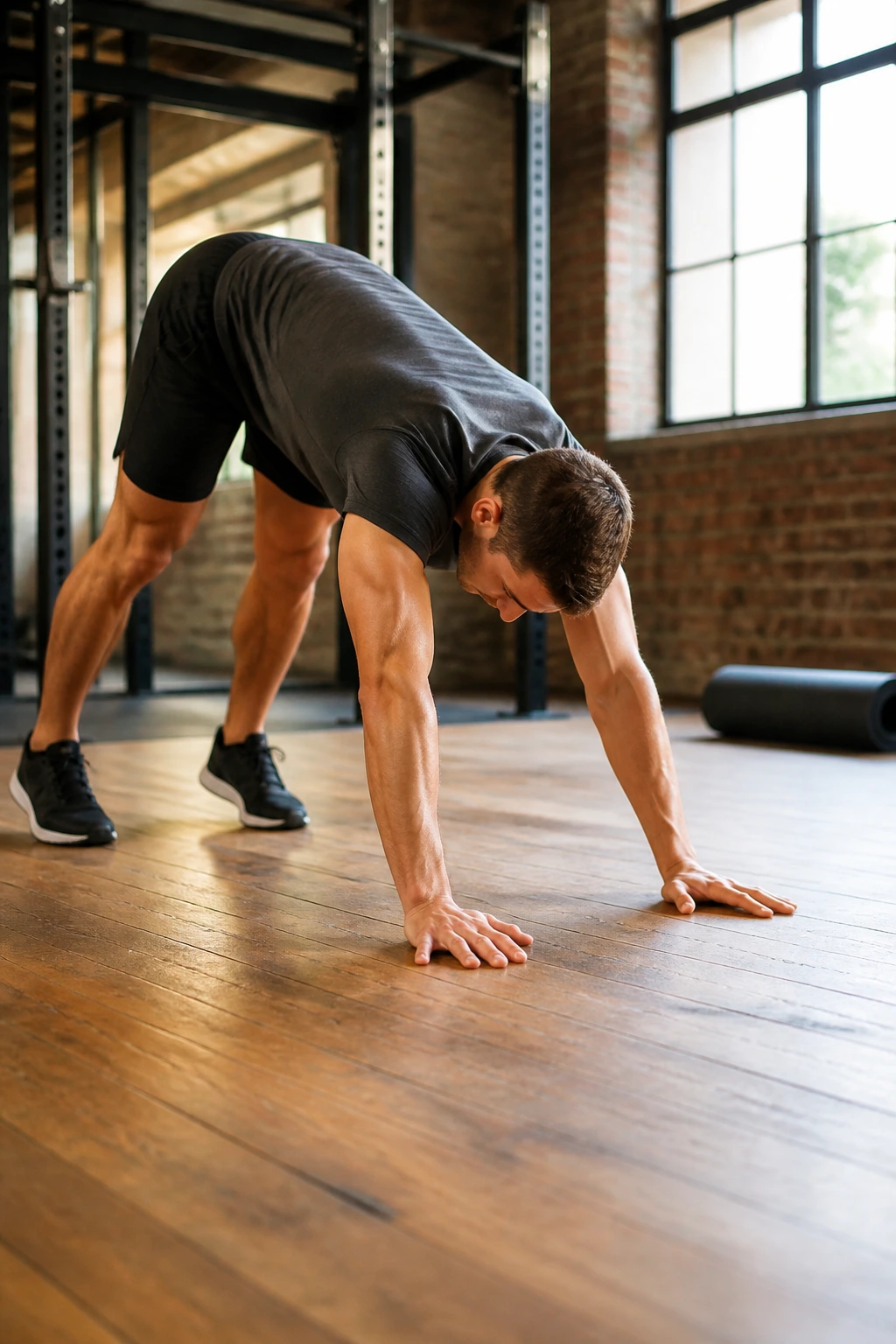 Medium-close shot of a person performing an inchworm in a gym