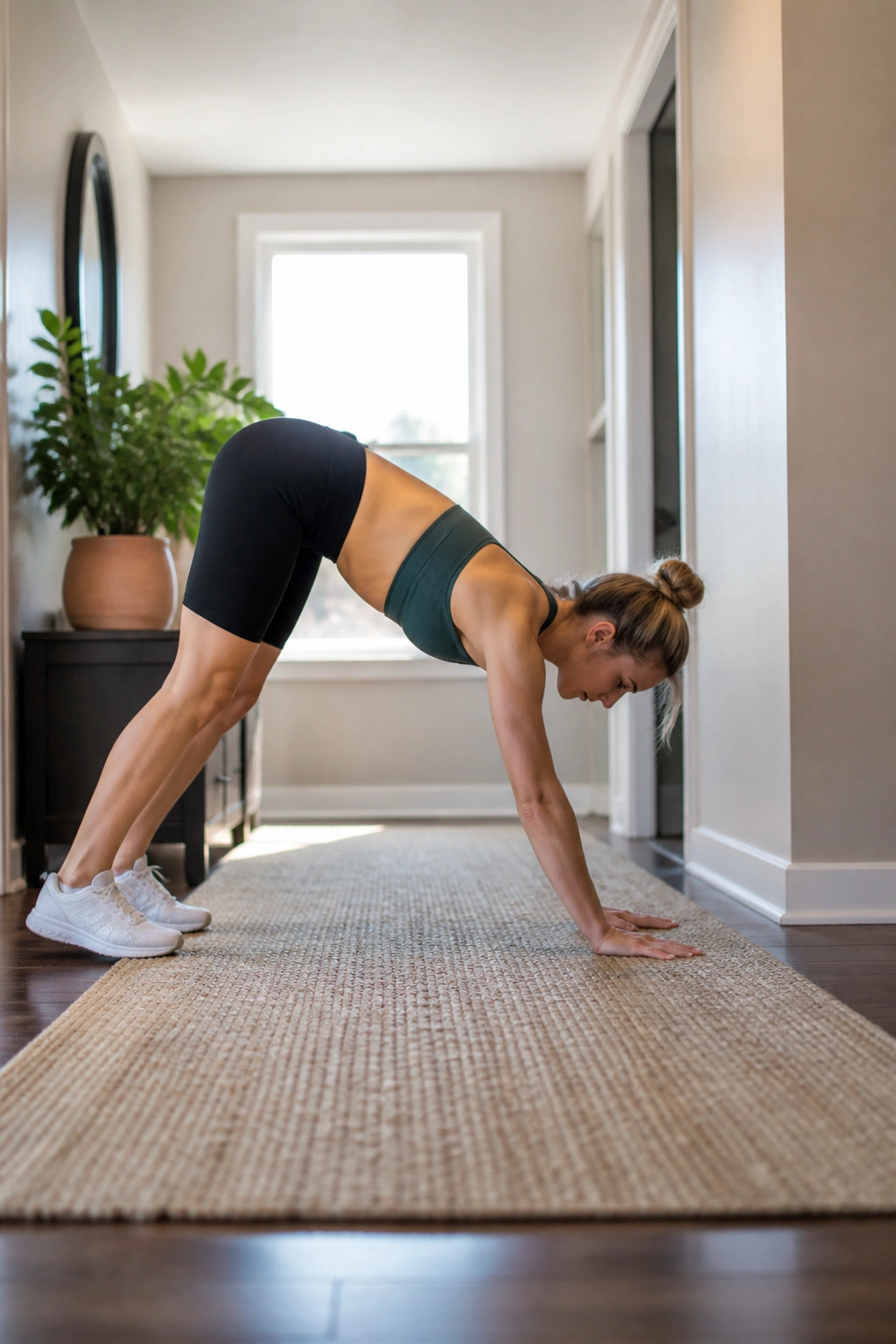 Person performing inchworms in a living room hallway