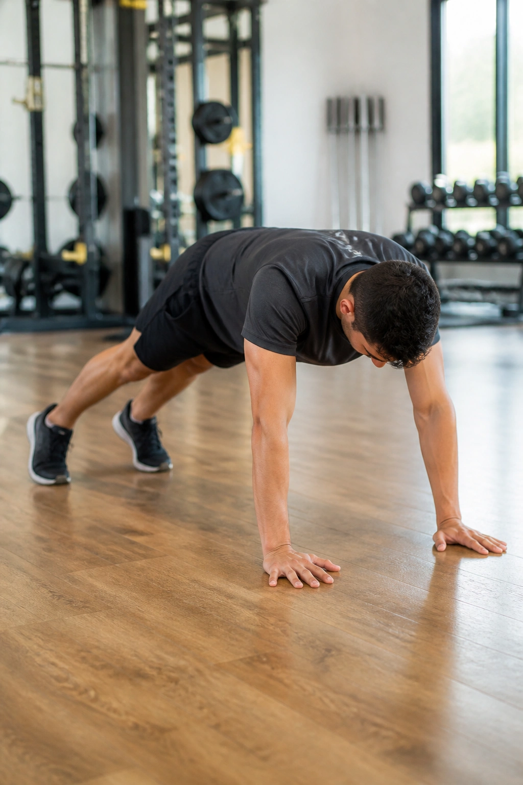 Person in mid-walkout performing inchworms on gym floor