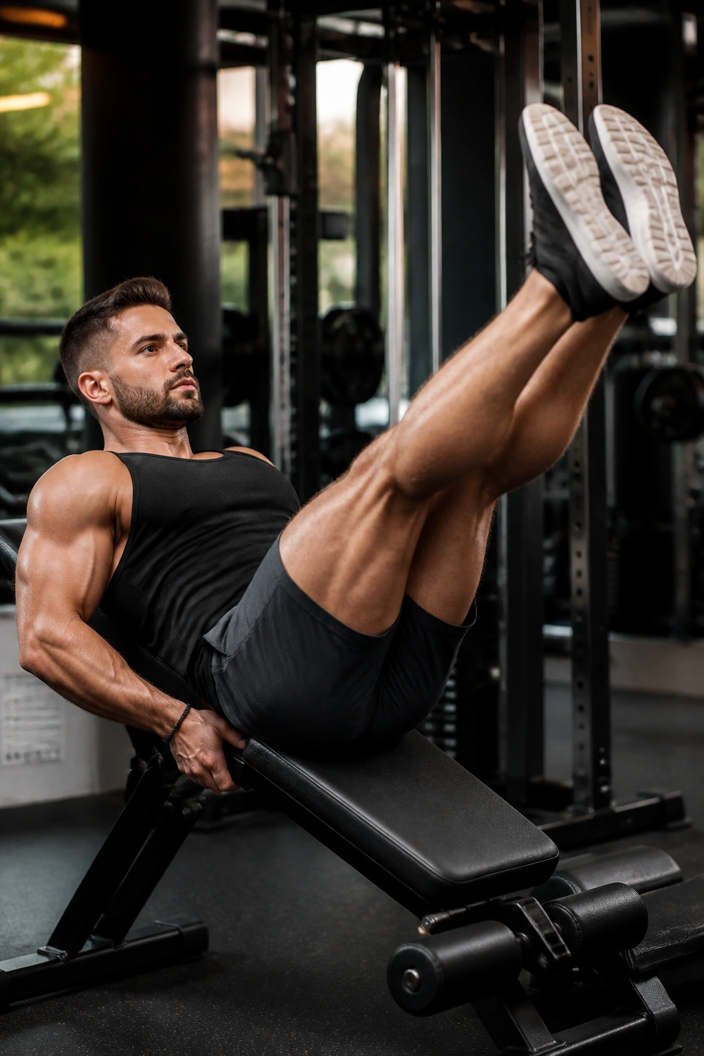 Real person on incline bench performing leg raises with controlled movement