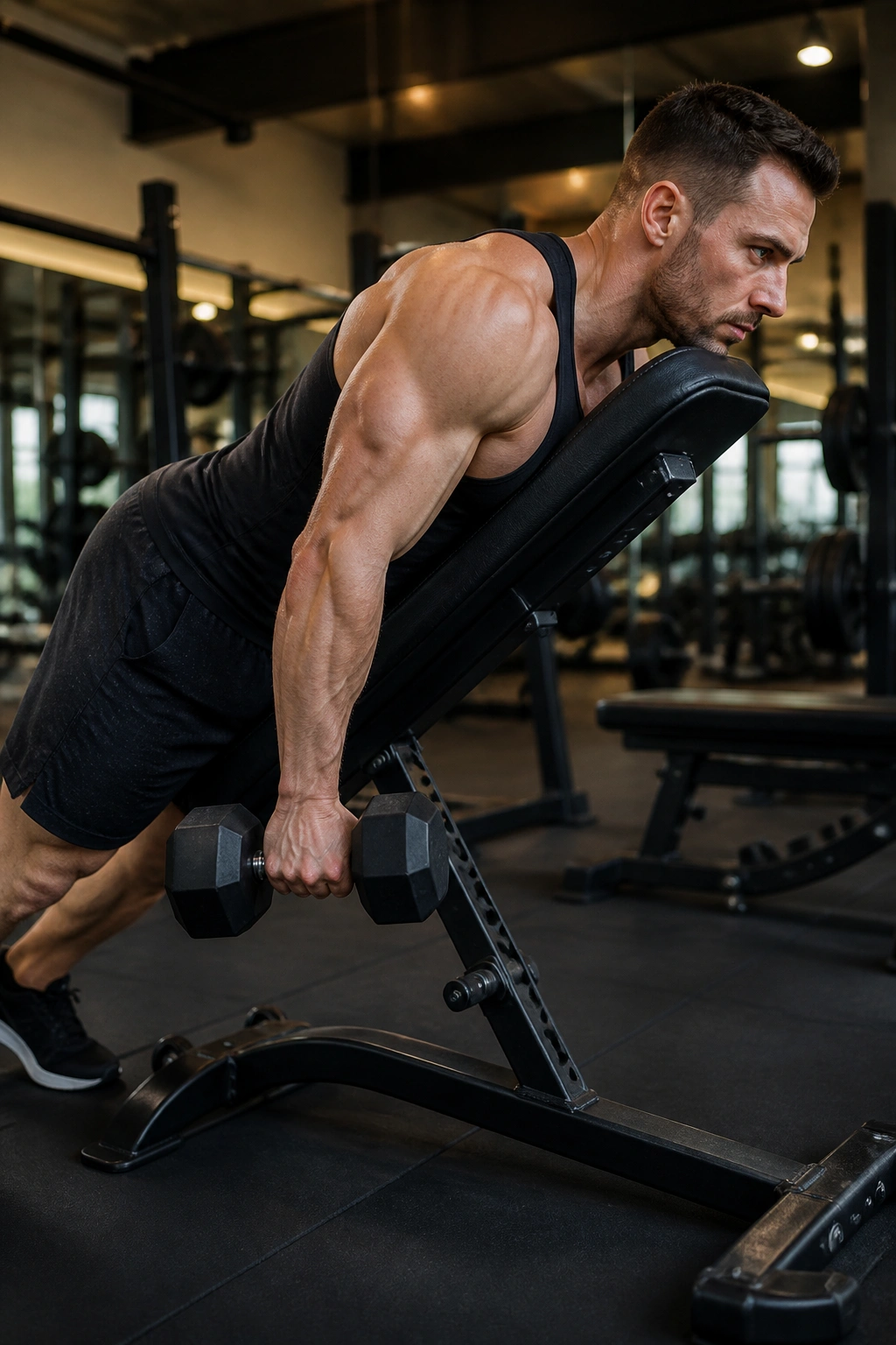 Close-up of incline bench kickback with the arm hanging over the incline.