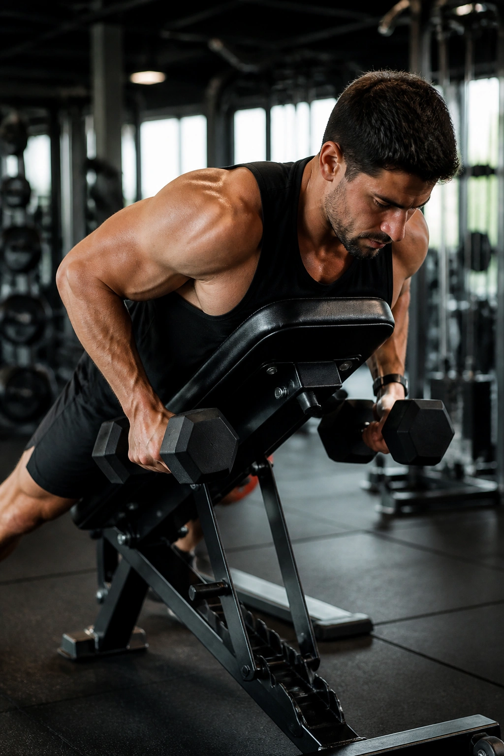 Medium close-up of a person performing chest-supported dumbbell rows on an incline bench