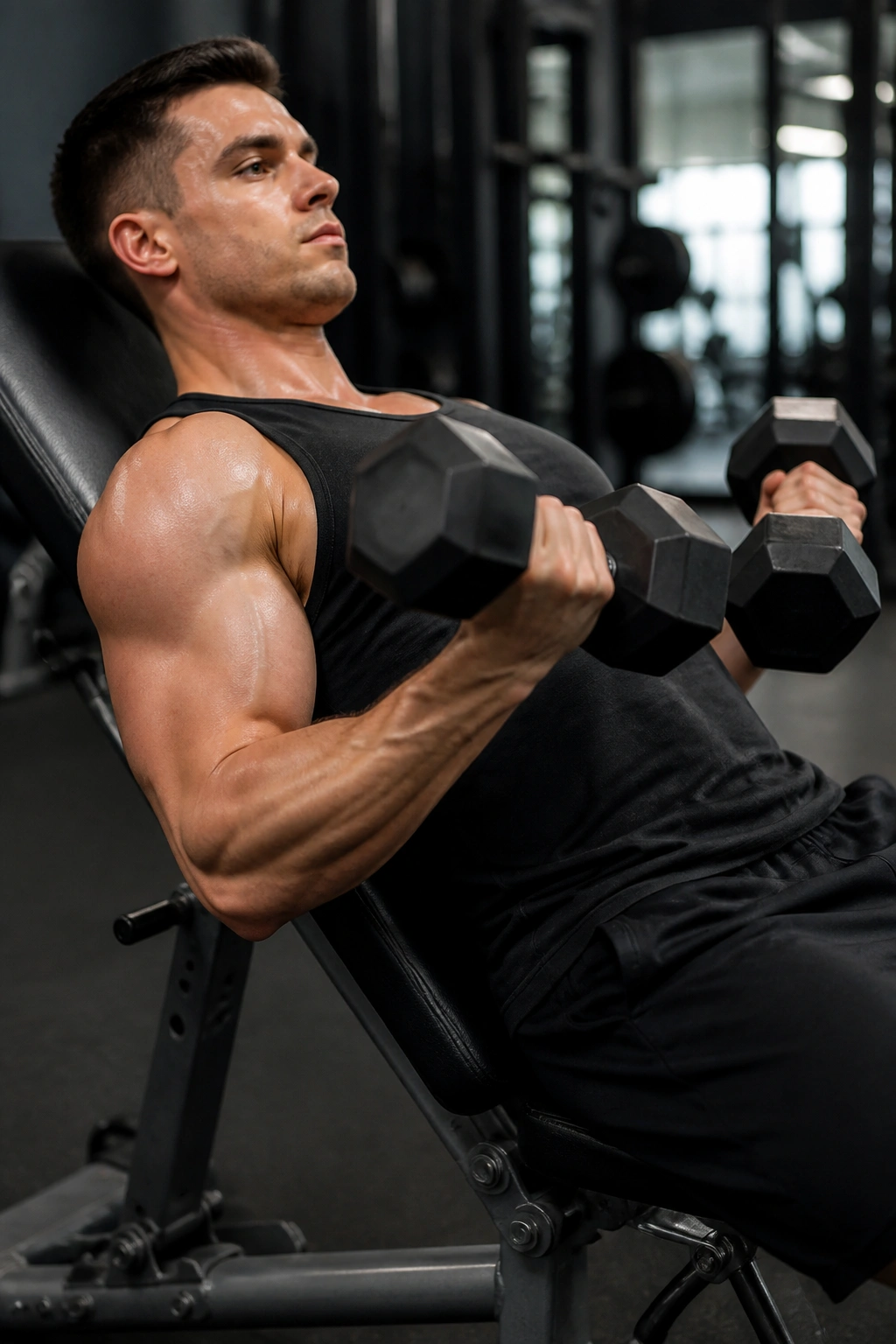 Real person performing incline dumbbell curl on incline bench for bicep isolation