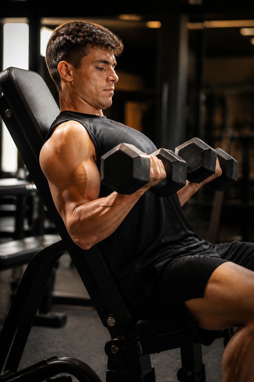 Close-up of incline dumbbell curl on incline bench in gym