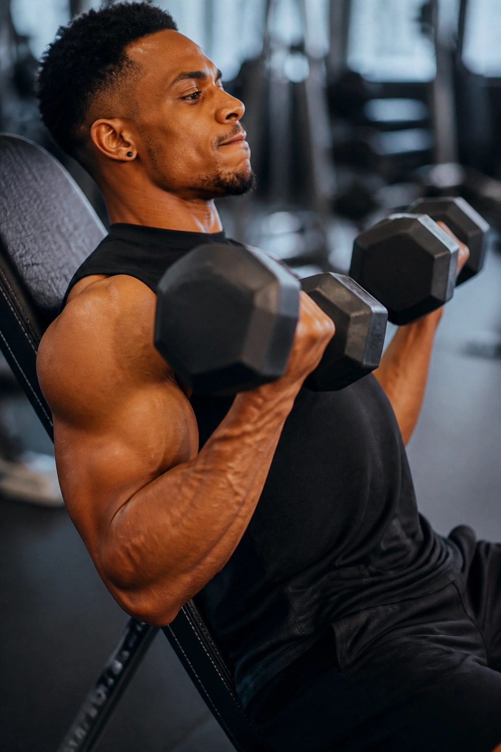 Close-up of a real person performing incline dumbbell curl on an incline bench in a gym