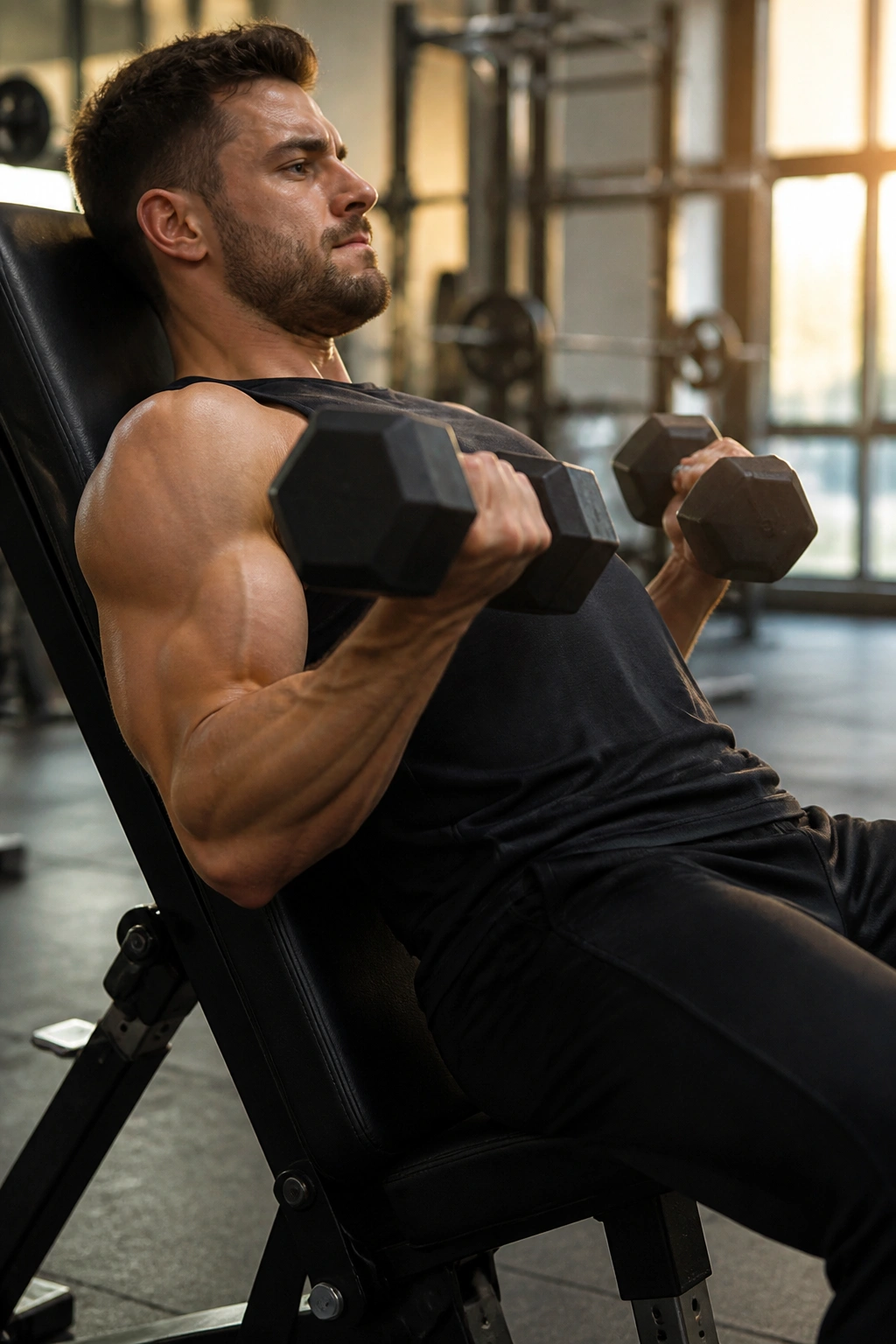 Medium close-up of incline dumbbell curl on incline bench