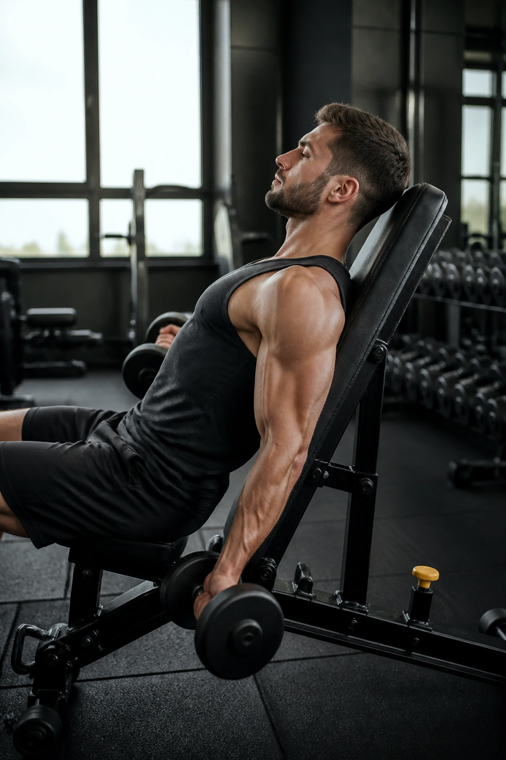 Lifter on incline bench performing incline dumbbell curl focusing on long head of the biceps.