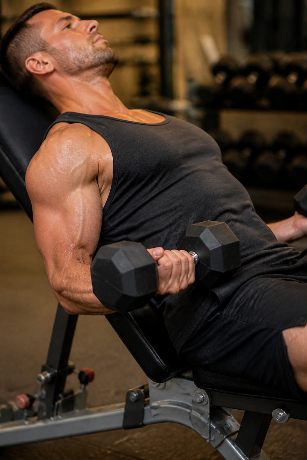Real person performing incline dumbbell curls on incline bench.