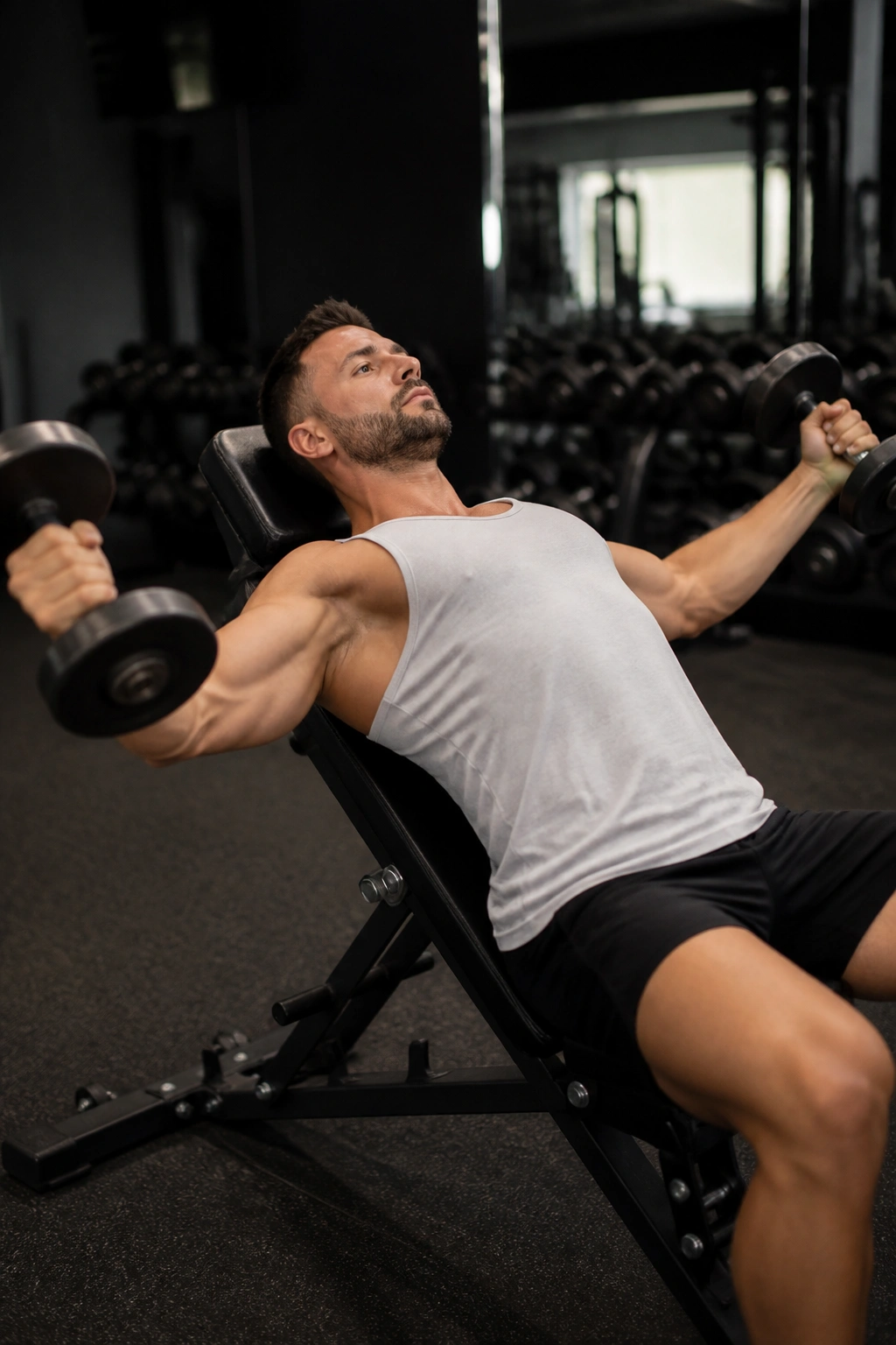 Person performing incline dumbbell fly highlighting upper chest