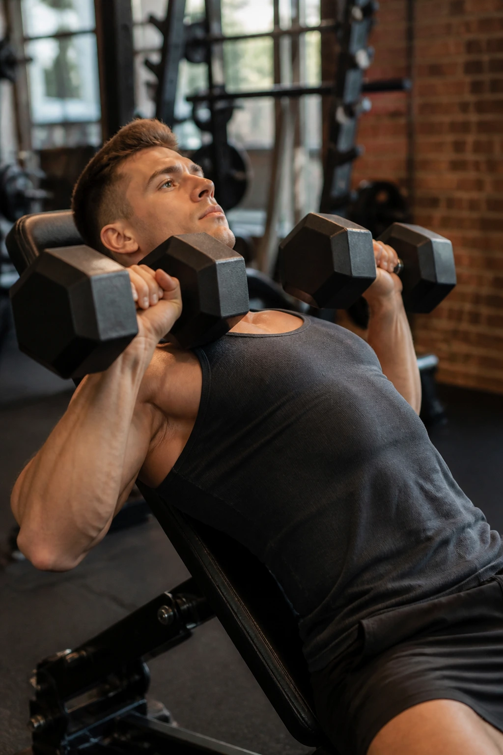 Upper chest incline dumbbell press on incline bench in gym