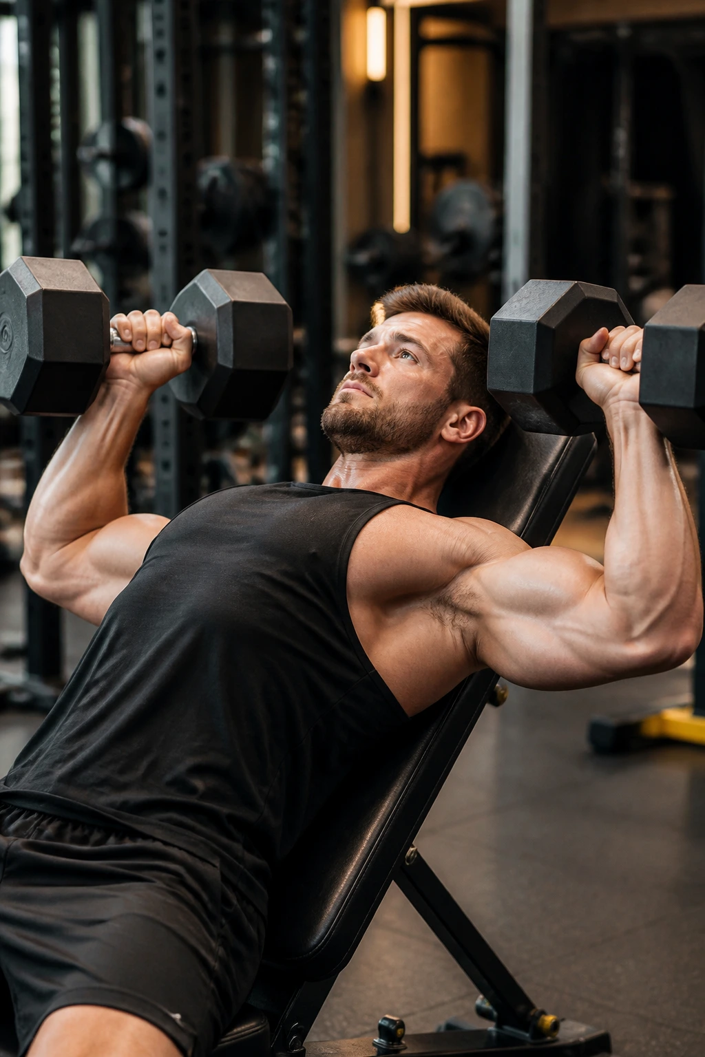 Upper body incline dumbbell press on incline bench in gym