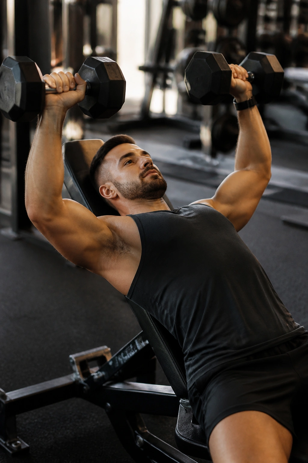 Medium close-up of a real person performing incline dumbbell press on a low incline bench