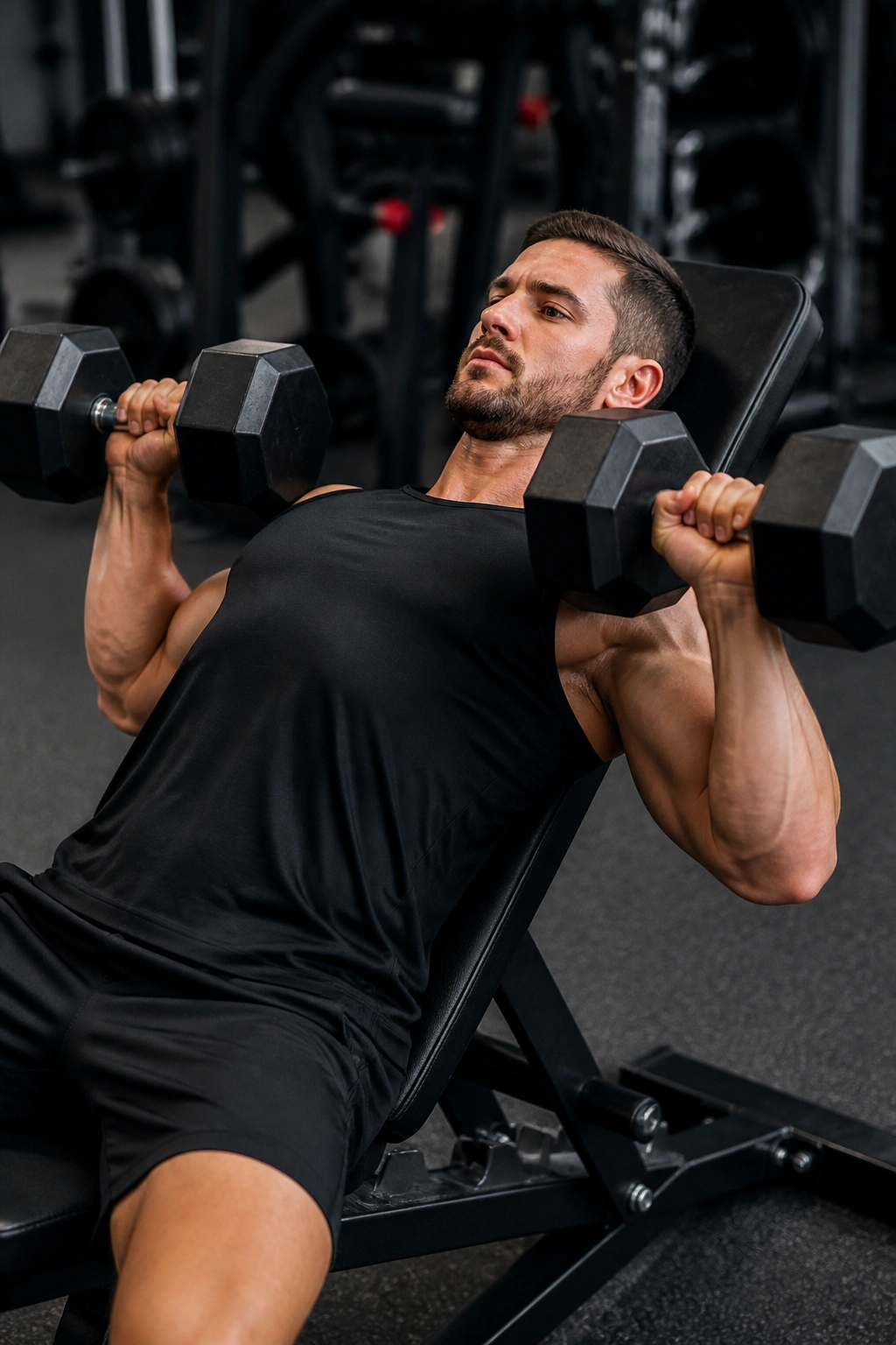 Person performing incline dumbbell press on incline bench, upper chest engaged