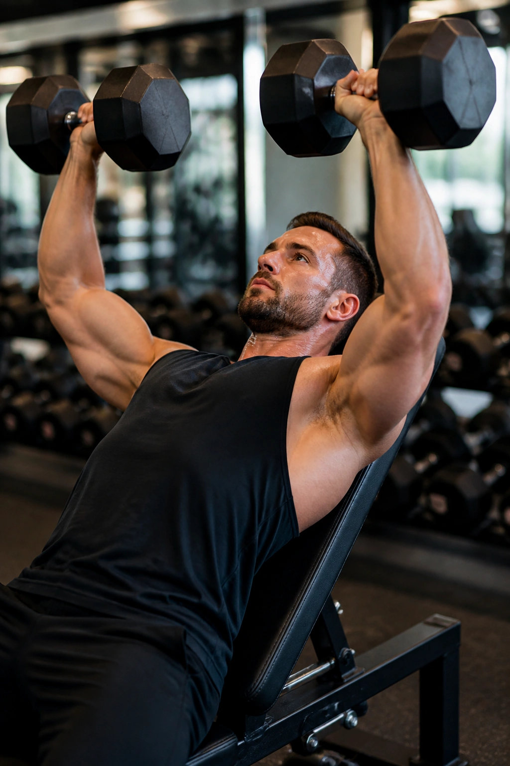 Close-up of a person pressing dumbbells on an incline bench, focusing on the upper chest.