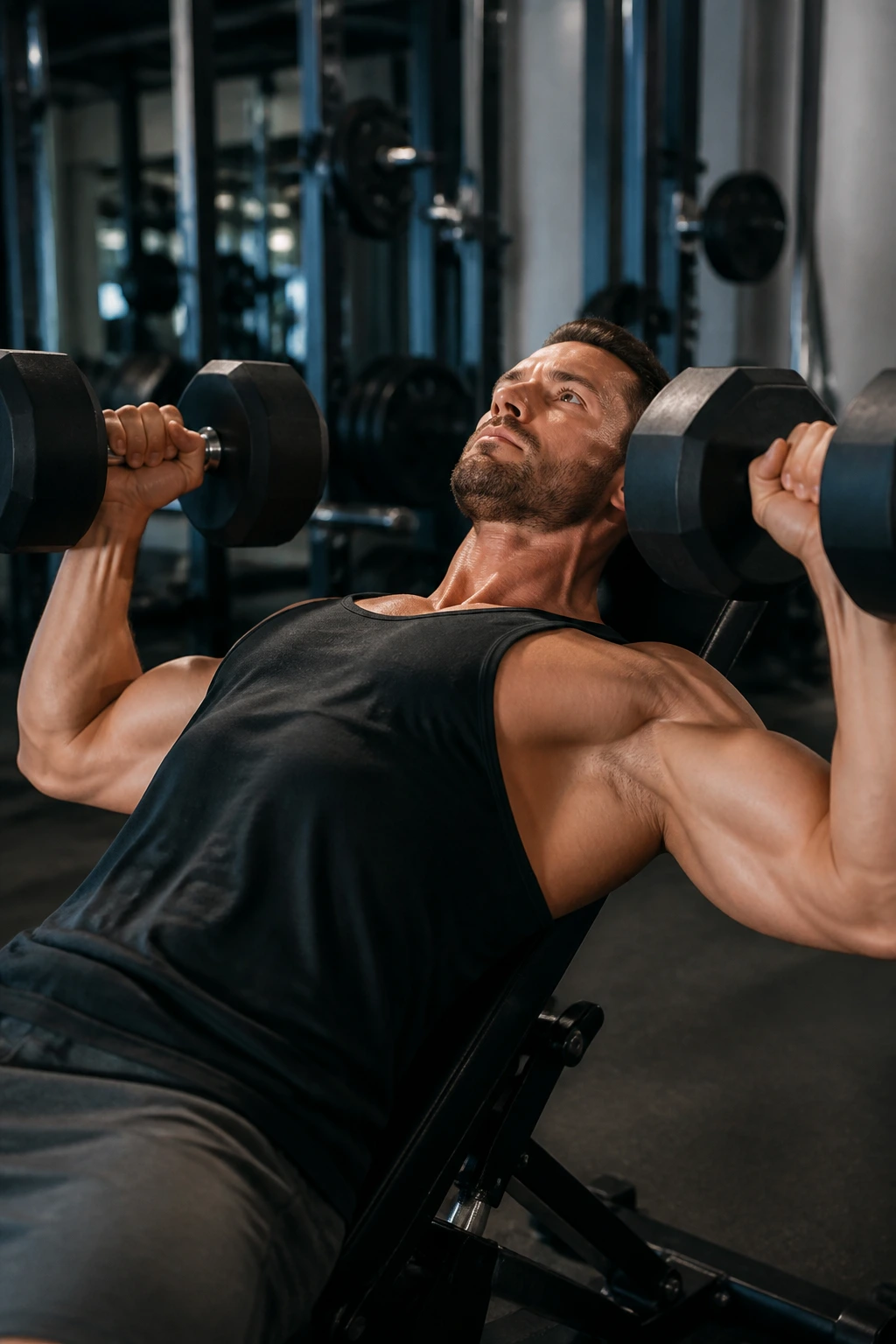 Lifter performing incline dumbbell press focusing on upper chest