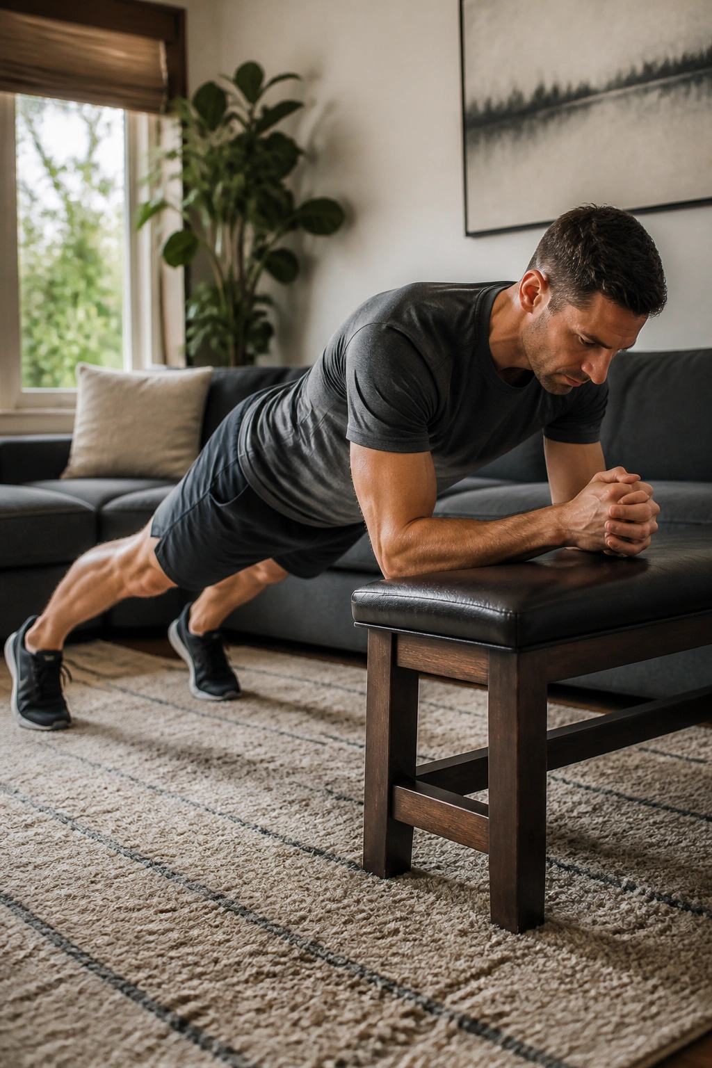 Person performing incline forearm plank on a bench with straight alignment.