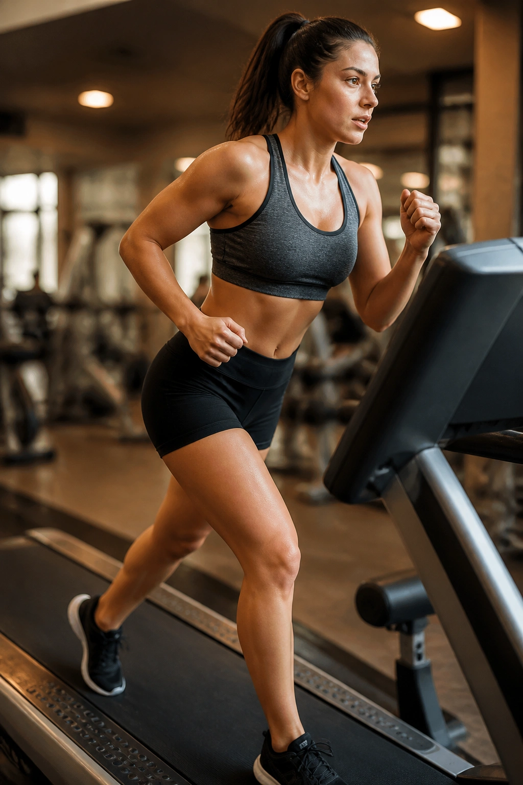Person on treadmill performing incline HIIT in a gym