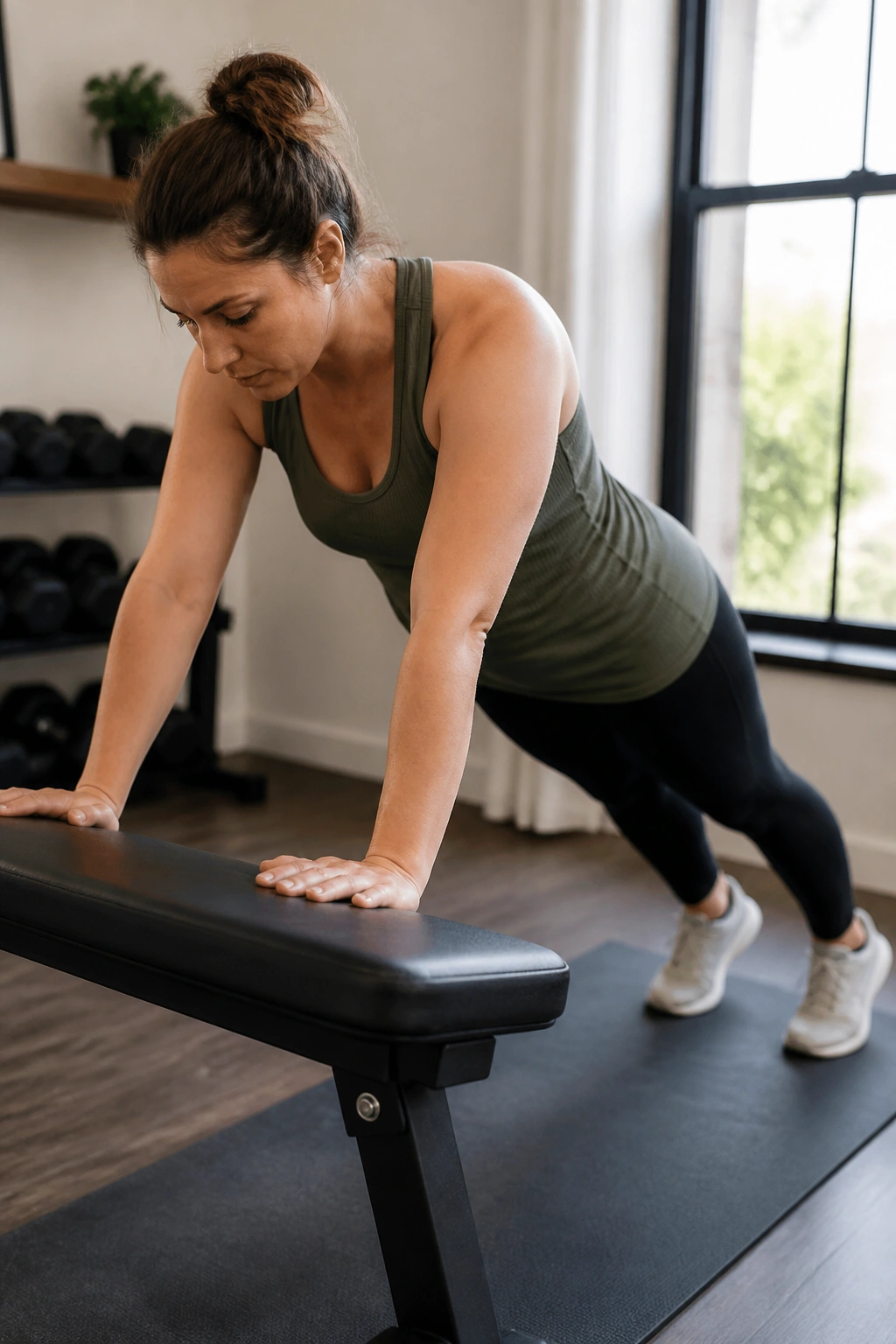 Postpartum woman performing incline plank with hands on bench