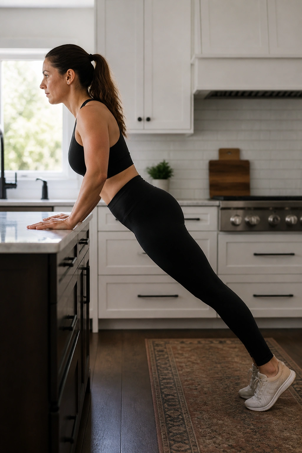 Real person performing incline plank on a kitchen counter