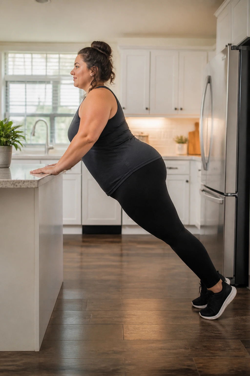 Real woman doing incline plank hold on a kitchen countertop
