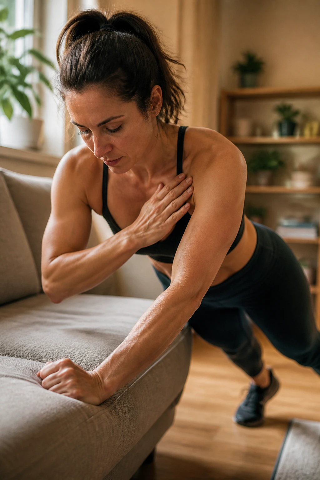 Person performing incline plank shoulder taps at home